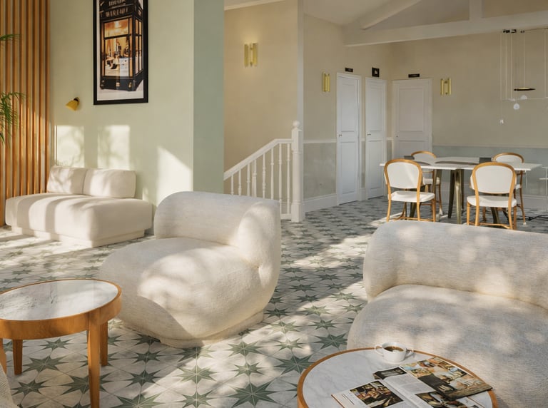 Modern hotel lobby featuring white bouclé lounge chairs, marble tables, and patterned tile flooring.