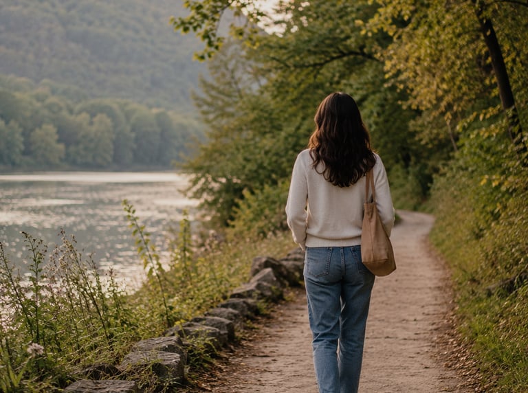 A woman walks along a path as she contemplating how she has lost herself in caressing