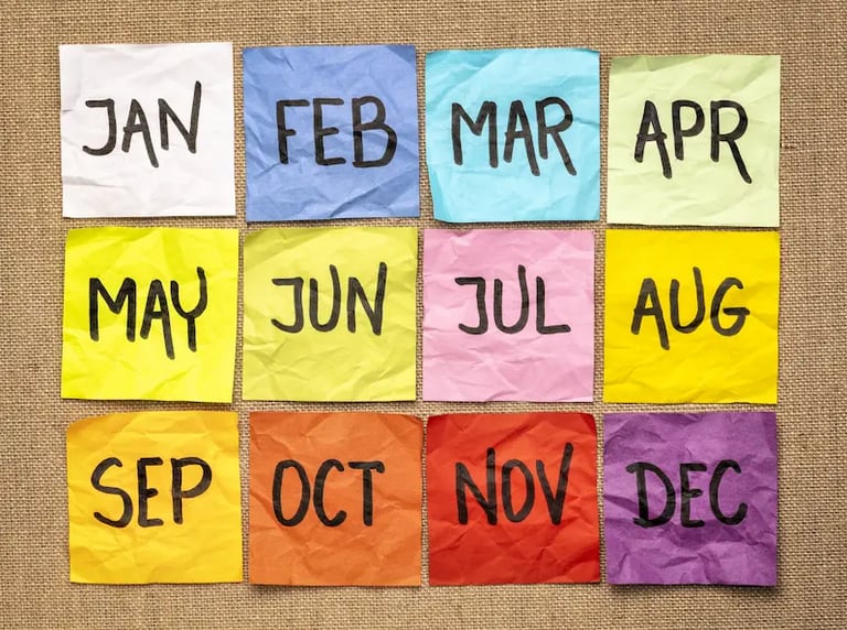 Colorful sticky notes with months of the year for annual planning and calendar organization.