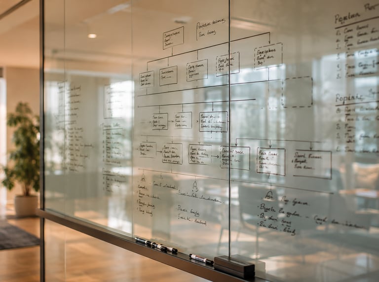 Glass wall covered in process diagrams and frameworks, illustrating turnaround and interim work