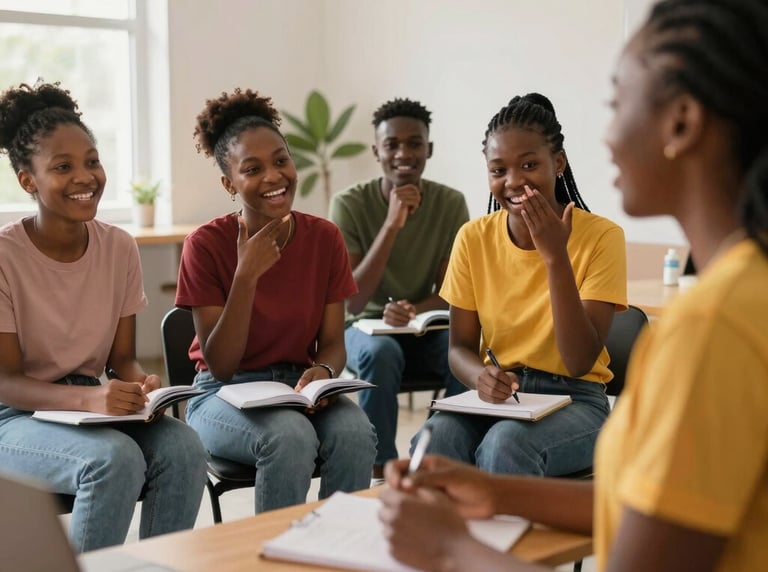 A smiling coach guiding a small group through a team-building exercise outdoors.