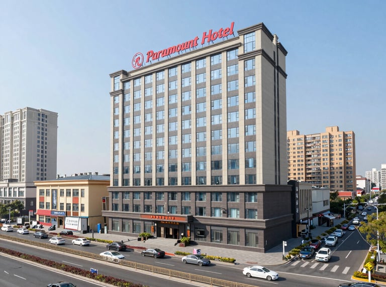 A sleek architectural rendering of a new hotel rising amidst a vibrant cityscape at sunset.