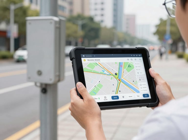 Hands of a technician holding a rugged tablet showing a map interface next to an outdoor public lighting pole, daytime, crisp focus, 35mm