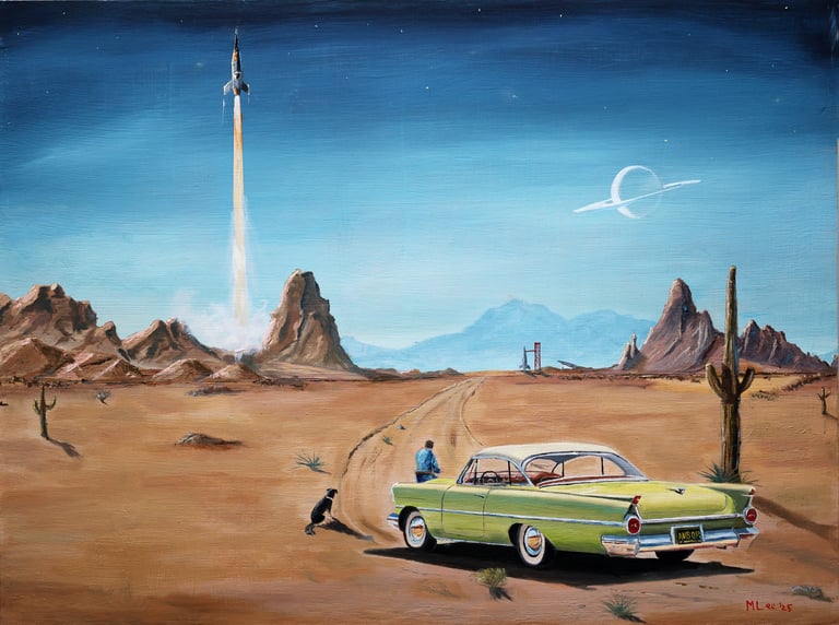 An image of Marc Lee's oil painting called, "Luna 7 Probe Launch, depicting a rocket launching.