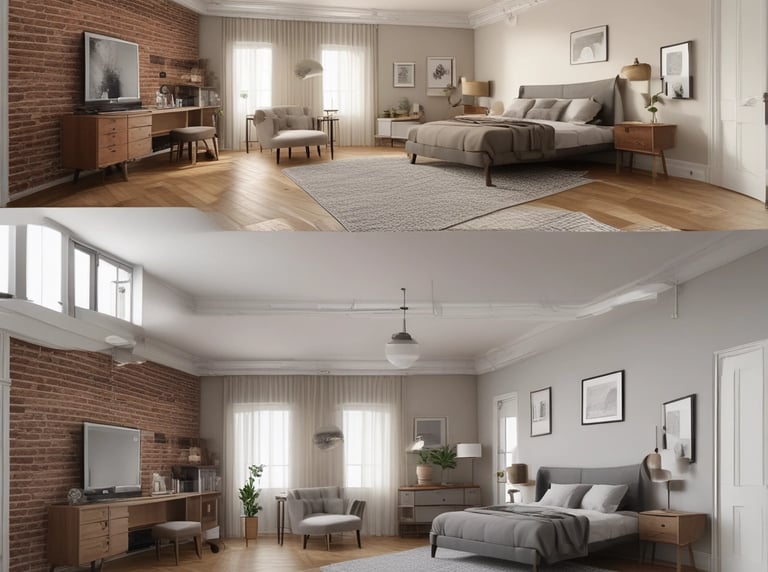 Before and after image of a home room showing one side old and the other side fully renovated modern.