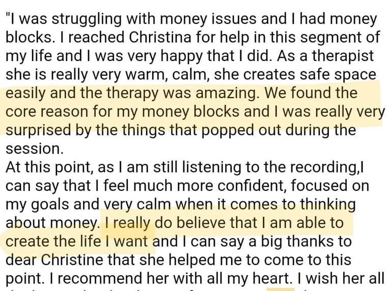 Client testimonial describing how RTT resolved the root cause of her money blocks
