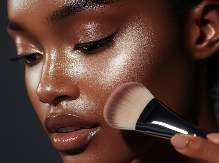 a woman with a makeup brush her hand