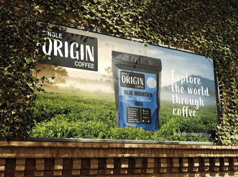 Creative coffee brand billboard showcasing premium Single Origin Coffee packaging.
