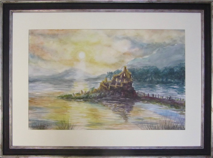 Watercolour painting of sunset over Scottish loch with ruins of castle in foreground