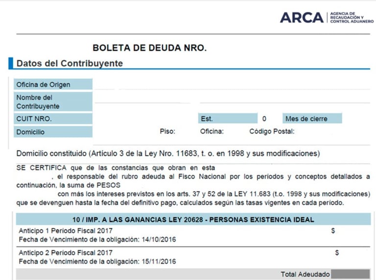 Defensa tributaria ARCA boleta de deuda