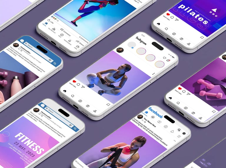 Mockup post social coordinati per brand fitness.