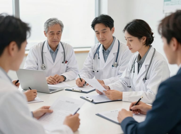 Collaborative cross-sector roundtable discussion, with diverse professionals (clinicians, tech developers) reviewing documents on a table, bright neutral daylight, professional clinical tones, shallow depth of field, sharp 50mm lens