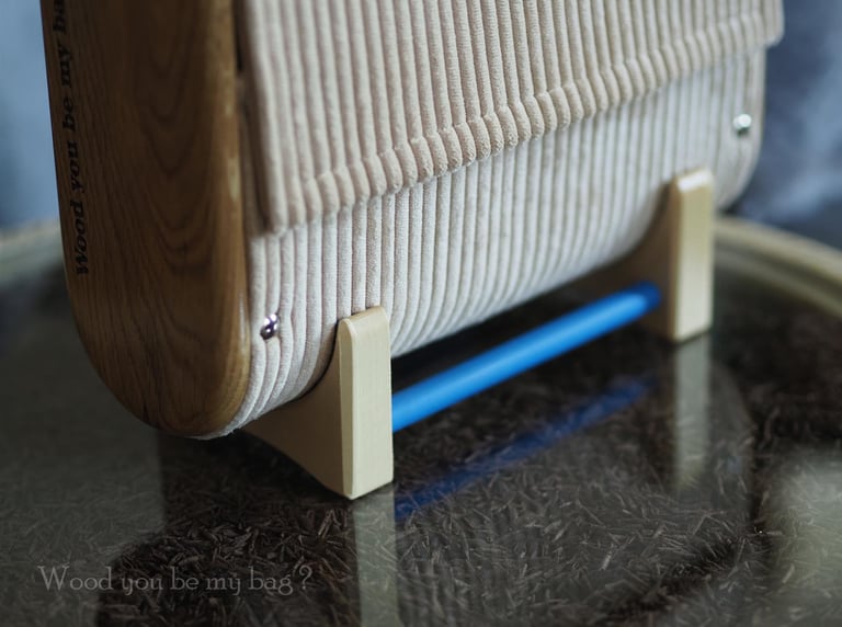 wooden bag on custom wooden display