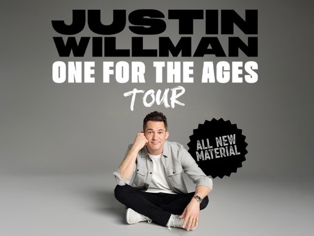 Magician Justin Willman sitting for his One For The Ages Tour poster with all new material.
