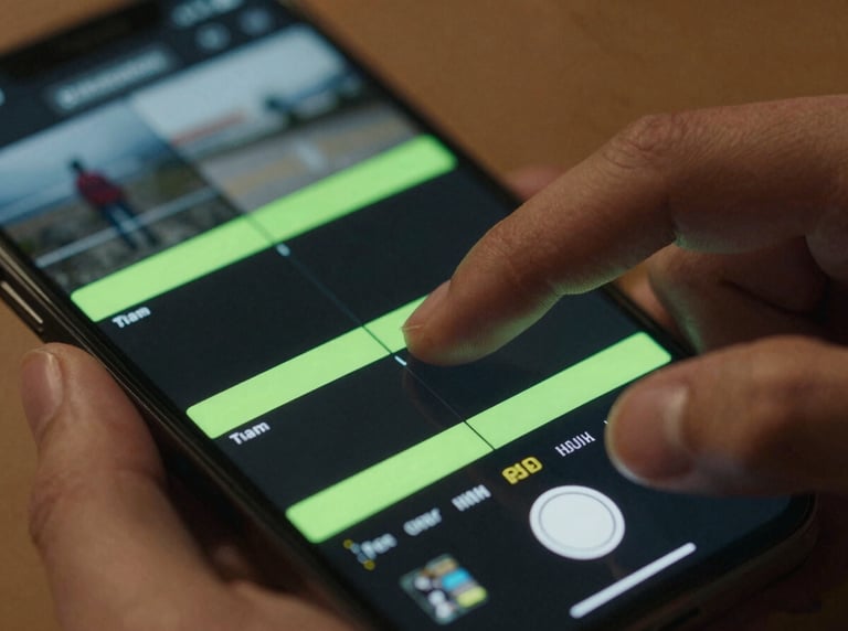 Extreme close-up of fingers tapping a smartphone screen, editing a fast-paced video timeline with neon green markers, cinematic lighting