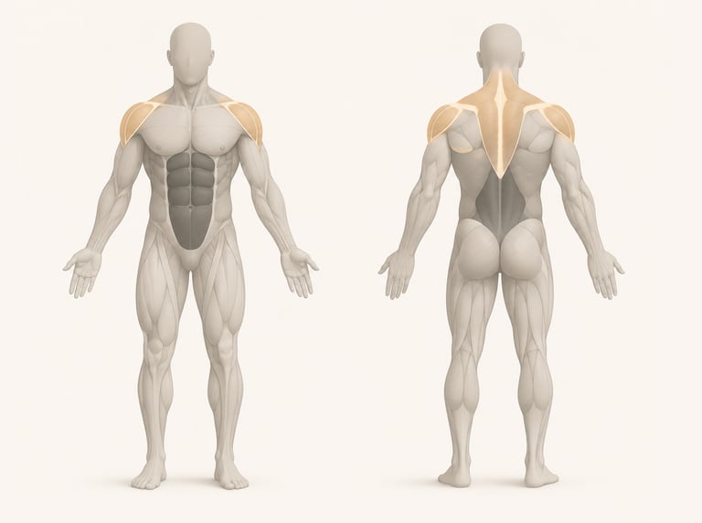 Diagramme anatomique minimaliste du corps humain ciblant les muscles lors d'élévations latérales