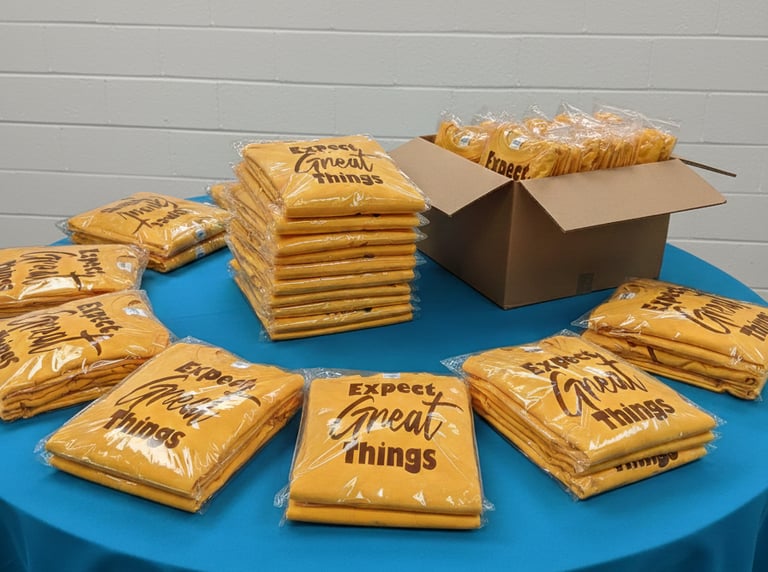 Expect Great things custom apparel order by Design-A-Tee Company, old gold with brown words