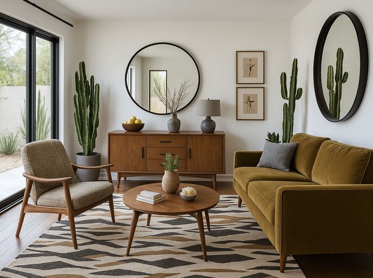 Mid-century room with olive sofa, wood chair, round mirror, credenza, cacti, and zigzag rug.