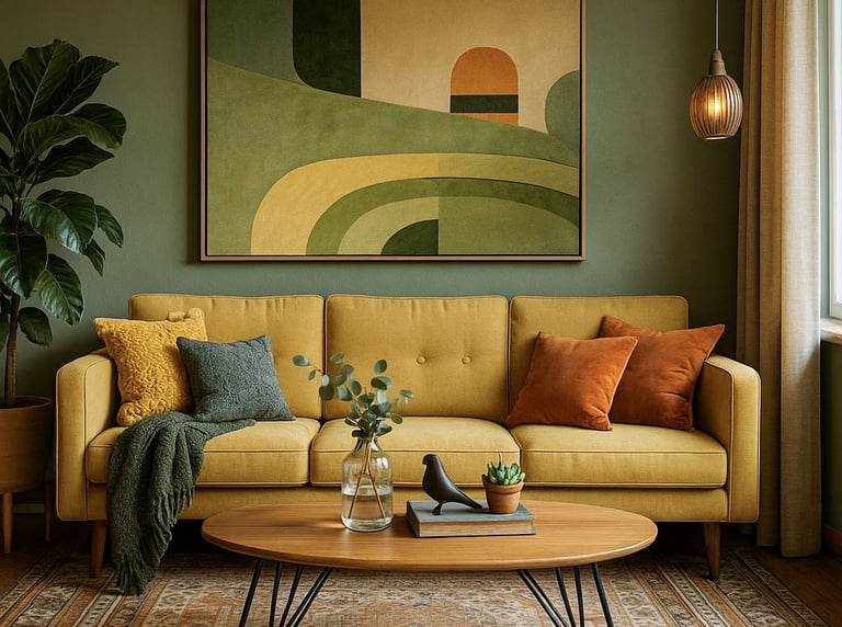 Mid-Century Modern living room with curved olive sofa, abstract wall art, and wood coffee table
