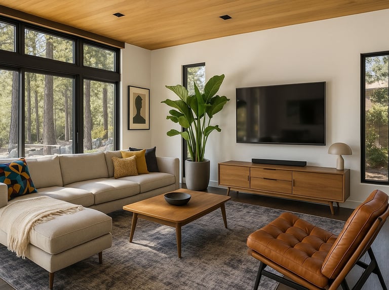 Bright Mid-Century living space with sectional, large windows, and warm wood ceiling