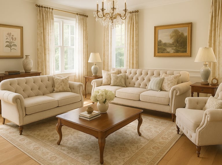 Traditional living room with tufted sofa, carved wood table, and layered curtains.