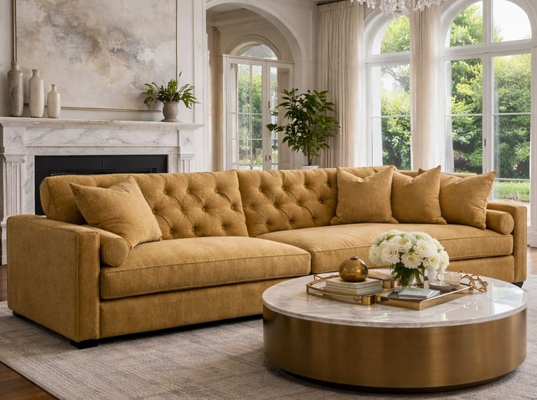 Mustard tufted sofa in a bright living room with custom design furniture and transitional furniture by Solo Home Decor