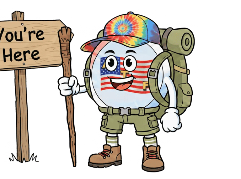 American Travel Fun hiker mascot with a backpack next to a wooden trail sign that says 'You're Here.