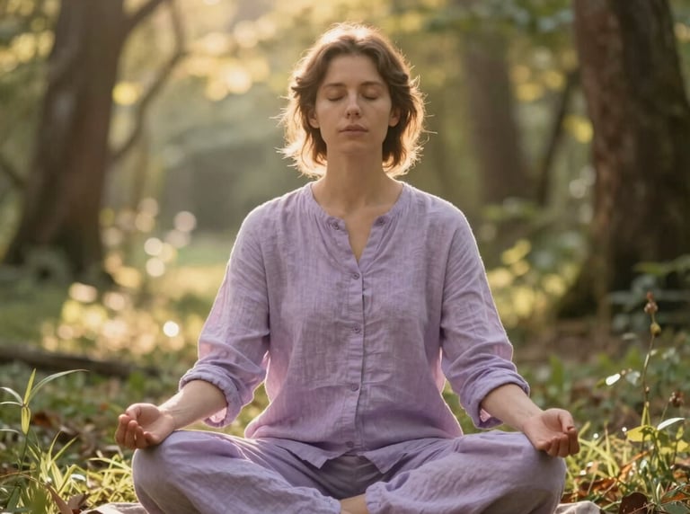 A woman practicing mindful meditation in a sunny forest, sitting in lotus pose on a yoga mat.
