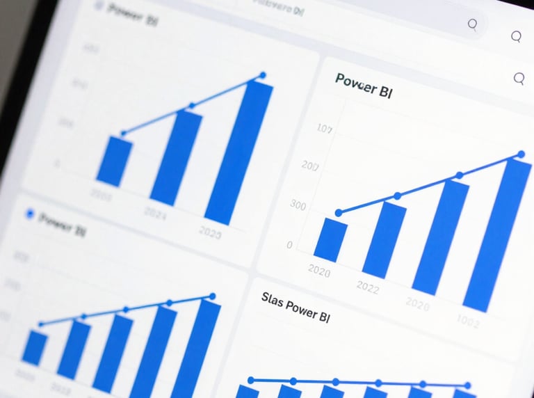 A clean, high-fidelity browser mockup of a modern Power BI dashboard showing financial charts, revenue bars, and growth metrics in crisp royal blue and white colors, soft shadow, angled perspective.