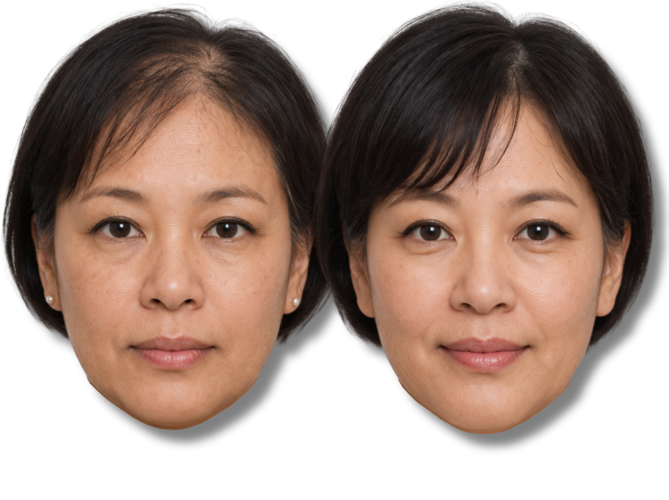 Before and after comparison of a woman showing hair loss treatment results for thinning hair.
