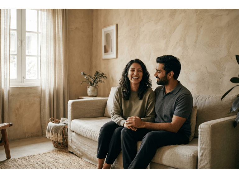 Couple on beige couch happy during a duo-expert couples therapy session.
