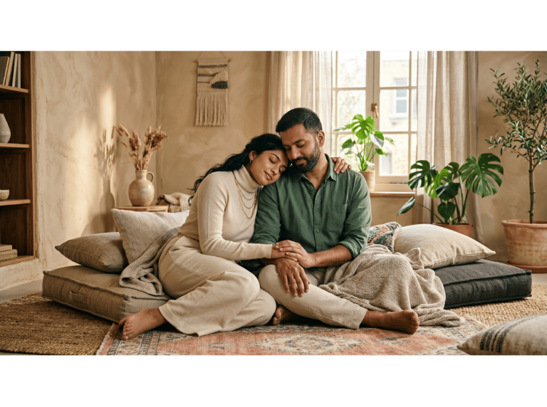 Couple resting & showing intimacy together in sand-toned room for relationship intimacy coaching.