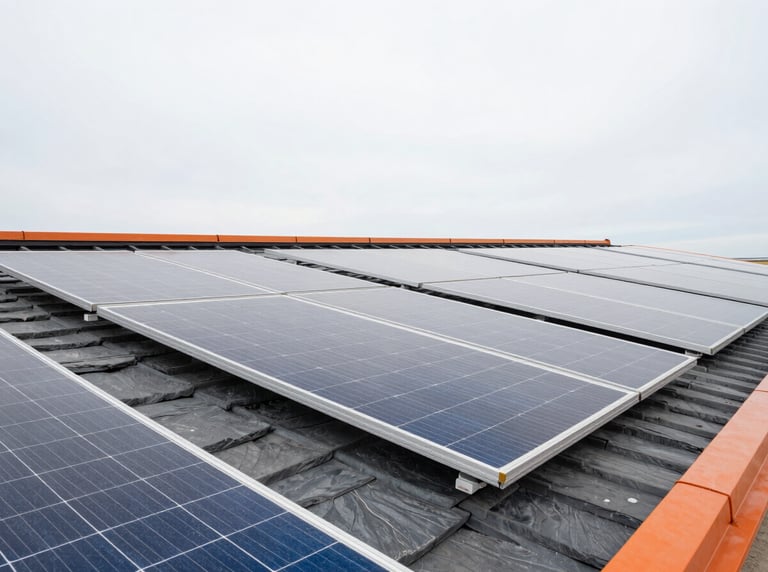 Wide angle view of clean, shiny solar panels on a modern roof reflecting a soft grey sky, high-contrast slate and orange tones