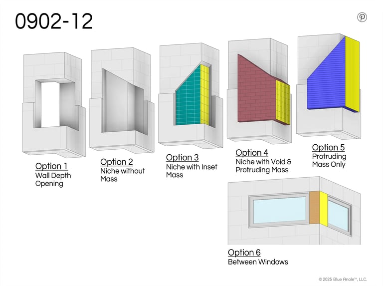 3D views of Revit Family 0902-12 corner opening or niche with mass back shown in Right, Left, Back.