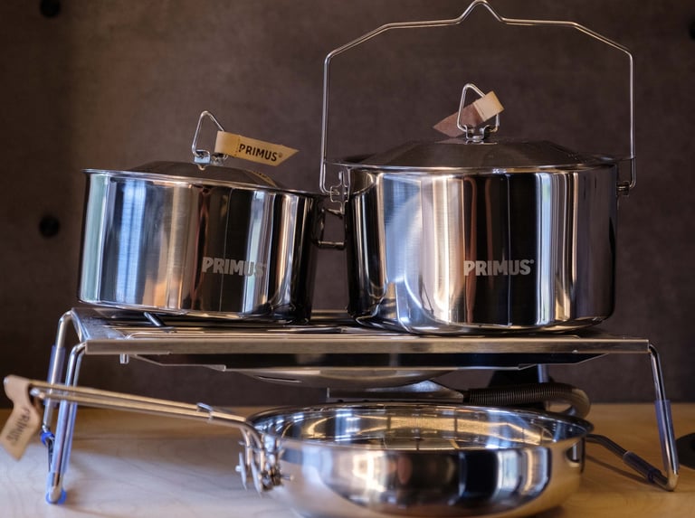Stainless steel Primus camping cookware.