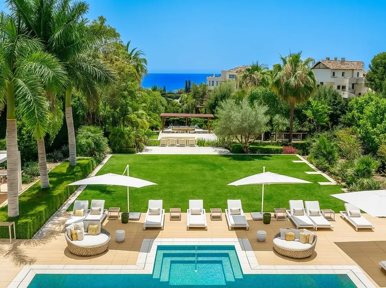 Villa Serenity garden with pool and sea views in the distance