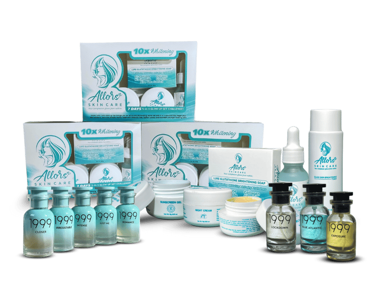 Collection of Allors Skin Care products and Eau de Parfum bottles with brightening soaps, creams, and serums