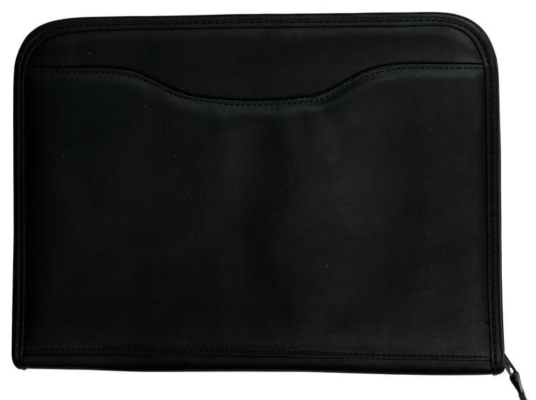 a black conference folder with a zipper