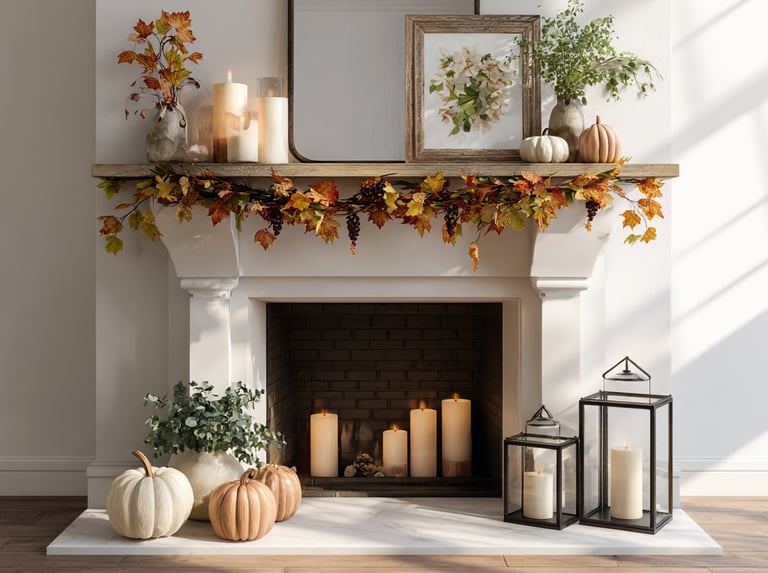 a fireplace with candles and garland on a mantle