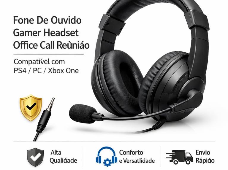 Black gamer headset with microphone for office calls, compatible with PS4, PC, and Xbox One.