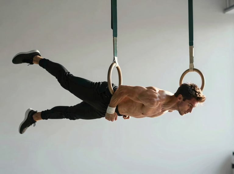 Dynamic side-lit shot of an athlete suspended on rings, high-contrast natural light highlighting muscle definition and joint alignment, clean minimalist studio background.