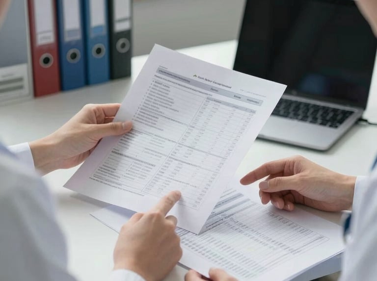 Medium-wide shot of two clinicians in white coats seated across a table reviewing printed journal articles together, clinical daylight from a north-facing window illuminating the papers, close focus on hands pointing to data tables, no faces visible, research environment with binders and a laptop in background