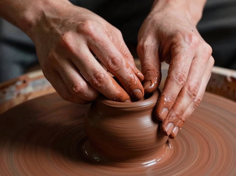 A close-up of dark terracotta clay being shaped by expert hands, dramatic low-key lighting, deep shadows, rich tactile textures, 35mm