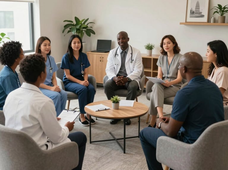 A warm group photo of diverse Menteviva clinicians smiling in a bright, welcoming office space.