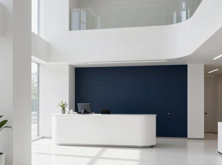 Sleek architectural shot of a minimalist luxury clinic lobby with diffused daylight, soft shadows, and clean white surfaces, 21:9 cinematic aspect.