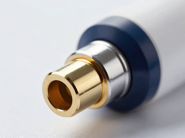 Macro close-up of a premium medical device interface, soft studio lighting, shallow depth of field, metallic and glass textures, clean clinical environment.