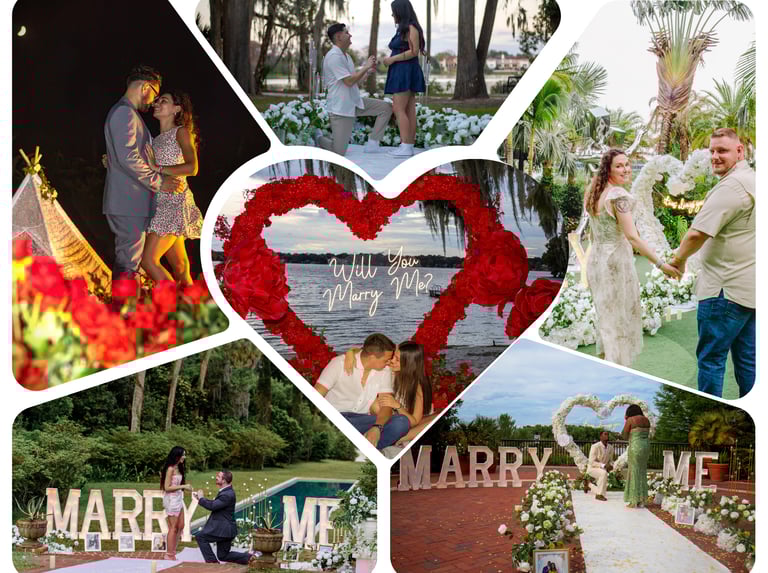 Surprise engagement in Orlando with personalized decorations at a scenic park