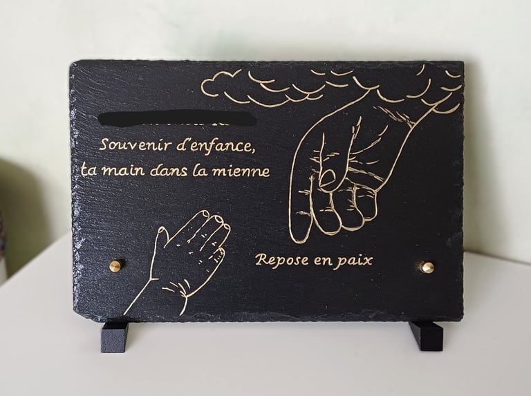 Plaque funéraire à poser en ardoise, gravure or, dessin personnalisé, à acheter, Sepulture 49