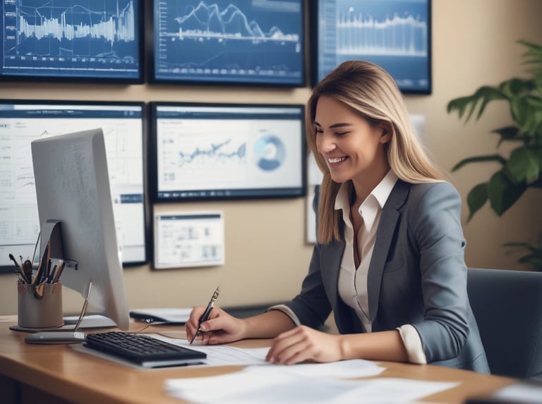 A clean workspace with a laptop and a notepad on a blue background.