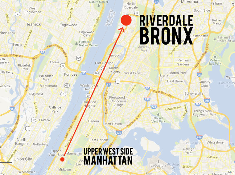 Map showing proximity of Riverdale to Manhattan